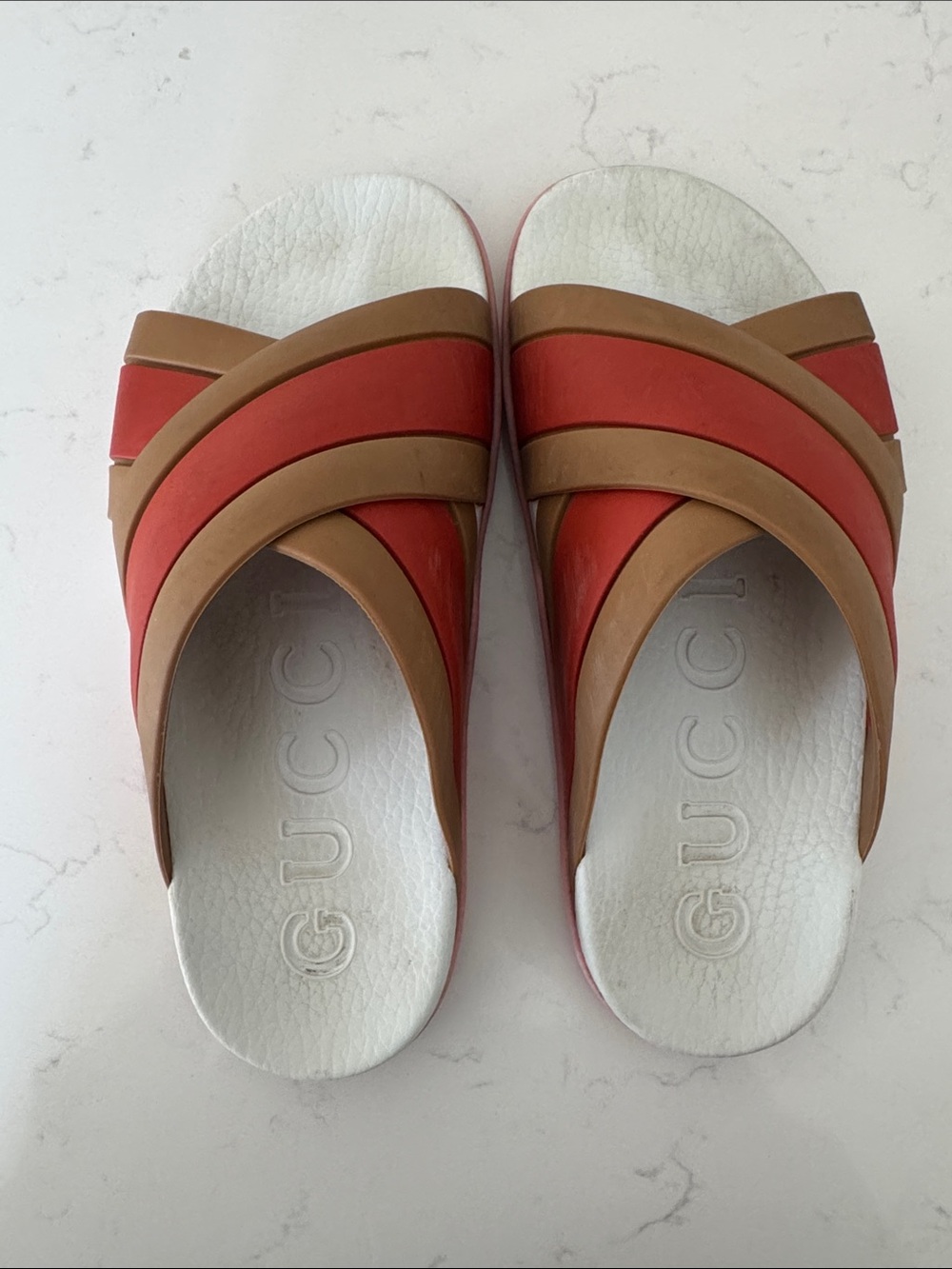 Gucci Women’s Red and Tan Crossover Leather Slide Sandals